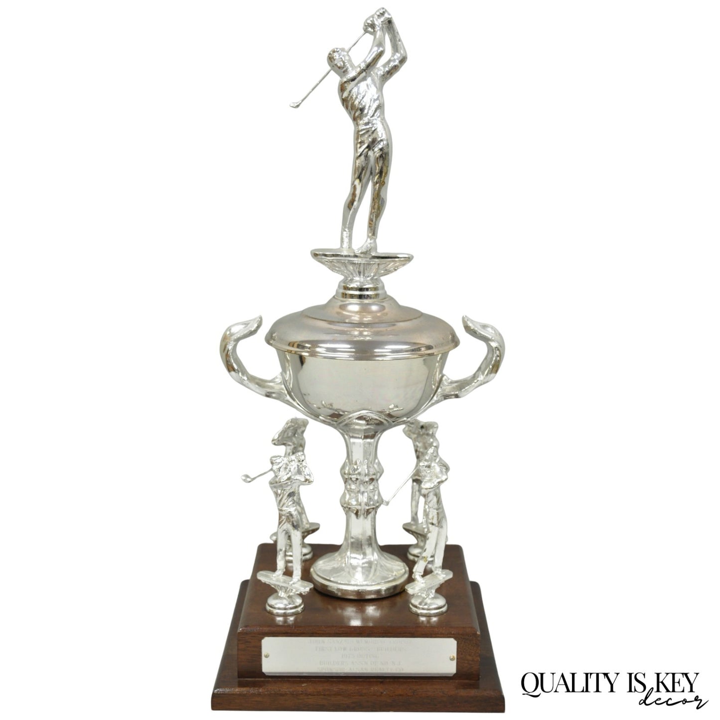 Vintage 1970s Silver Metal & Wood Figural Golf Trophy Award Cup John Sanzari