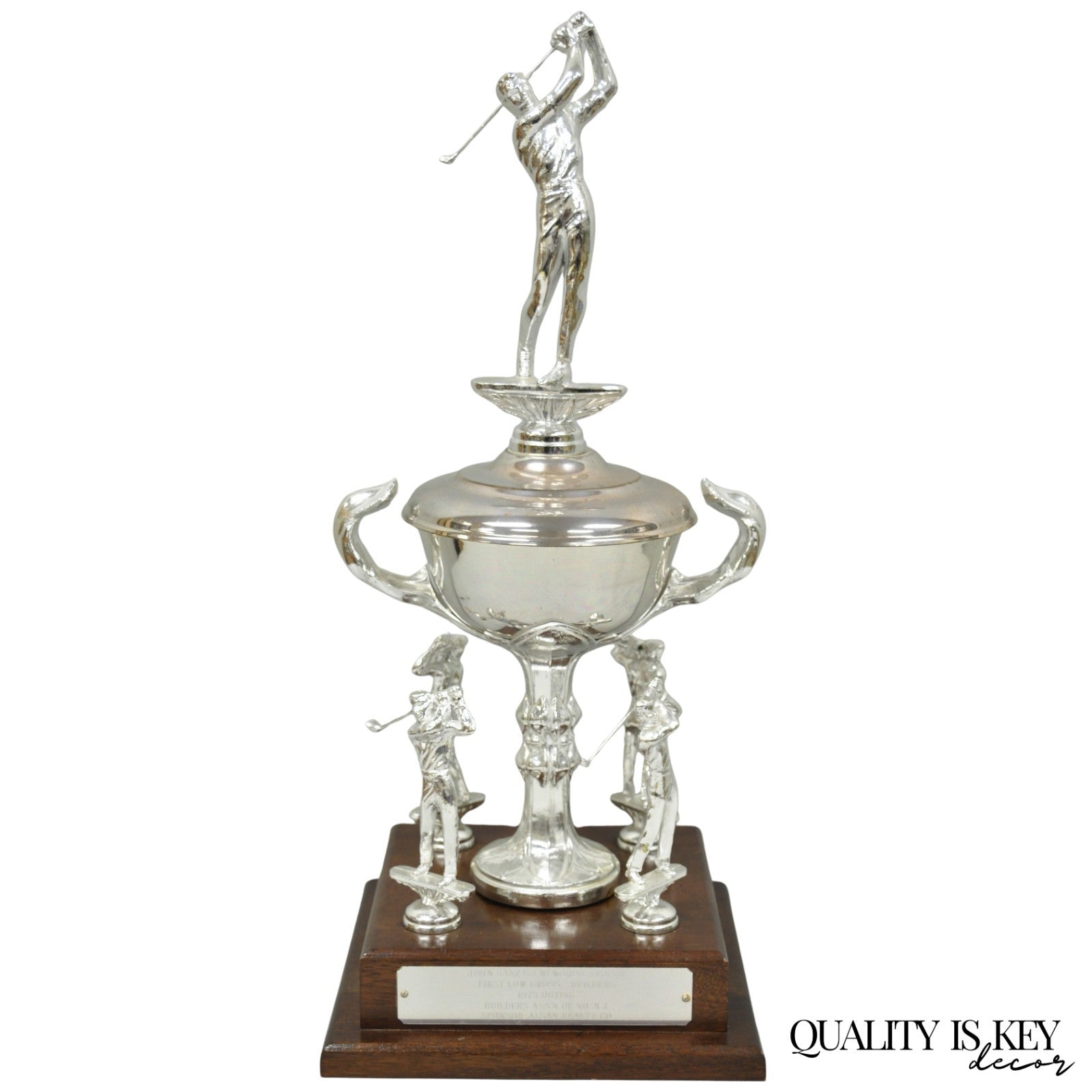 Vintage 1970s Silver Metal & Wood Figural Golf Trophy Award Cup John Sanzari