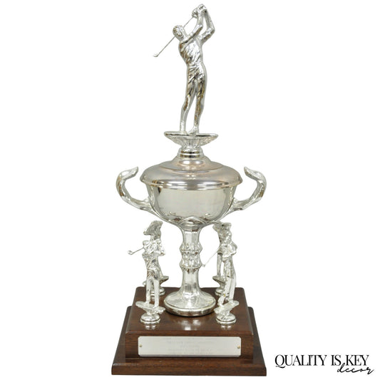 Vintage 1970s Silver Metal & Wood Figural Golf Trophy Award Cup John Sanzari