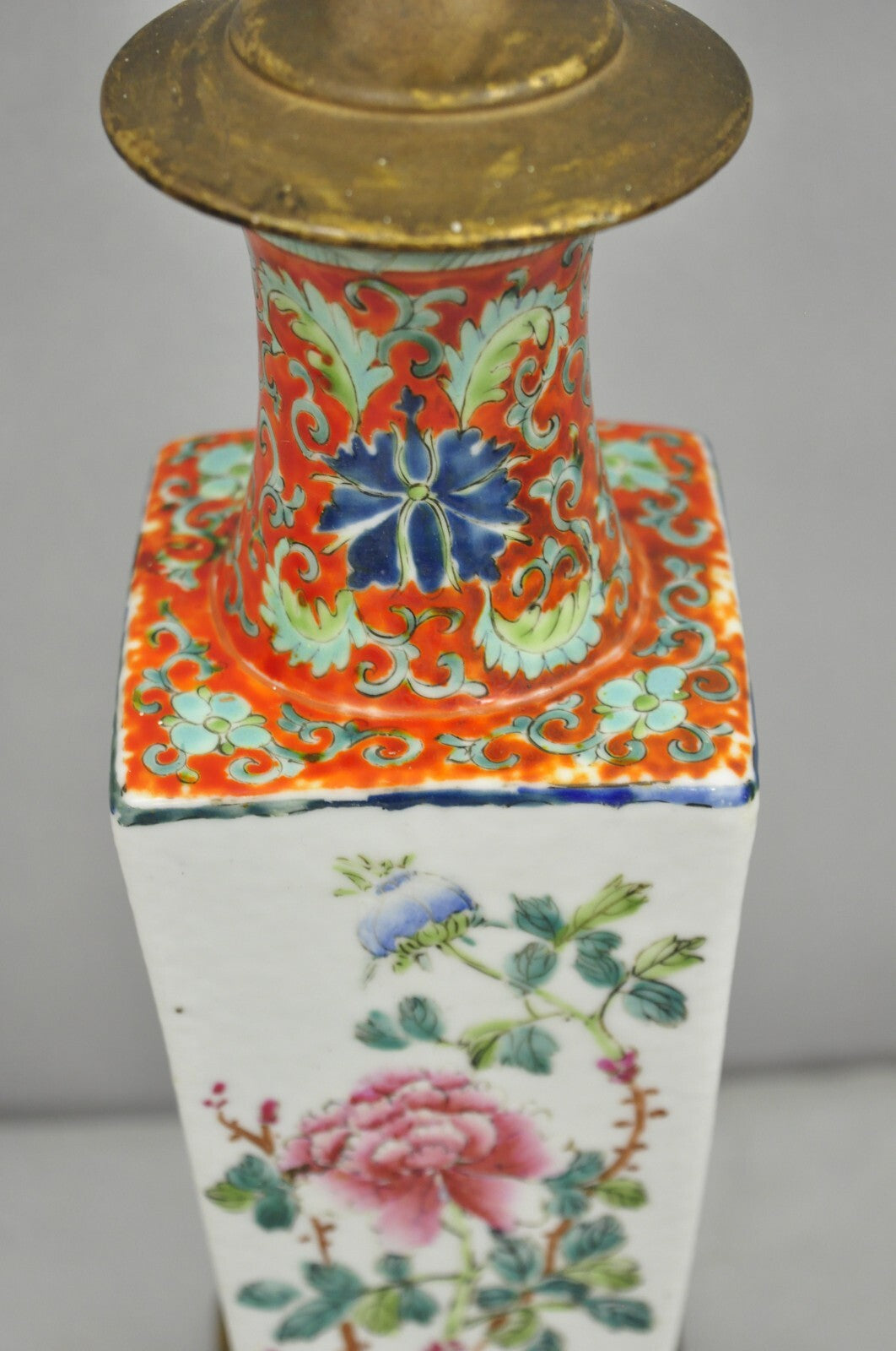 Antique Chinese Porcelain Orange Hand Painted Flower Small Boudoir Table Lamp