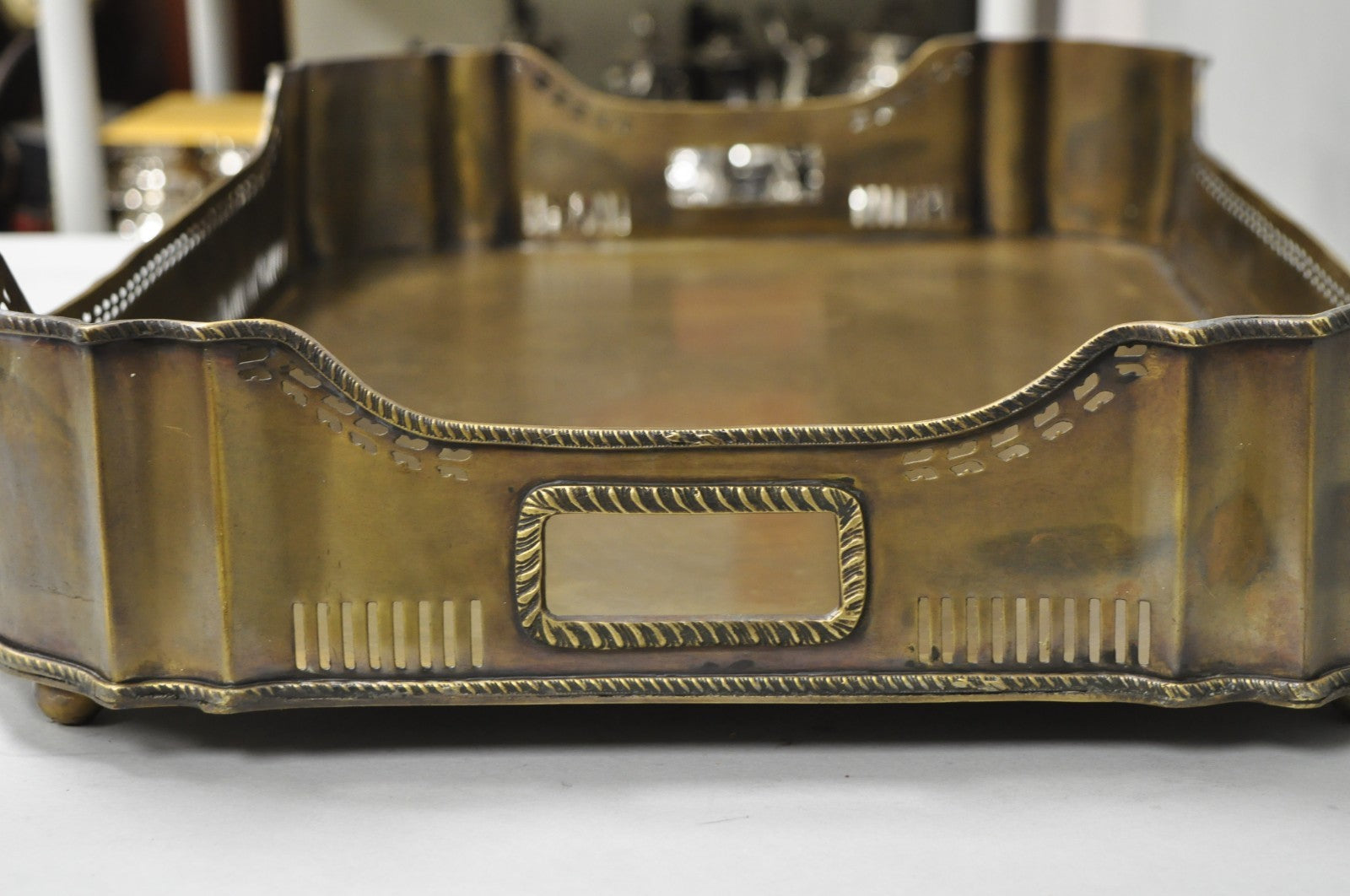 Contemporary Large Burnished Brass Serving Platter Butlers Bar Tray on Feet