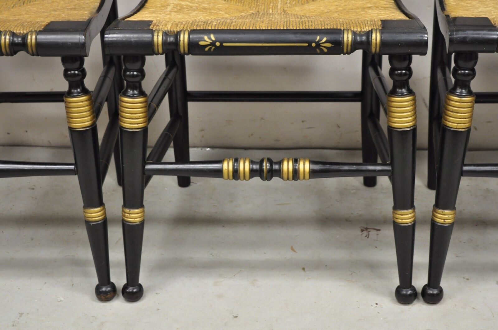 Antique Hitchcock Style Black Lacquer Stencil Rush Seat Dining Chairs - Set of 4