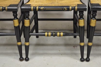 Antique Hitchcock Style Black Lacquer Stencil Rush Seat Dining Chairs - Set of 4