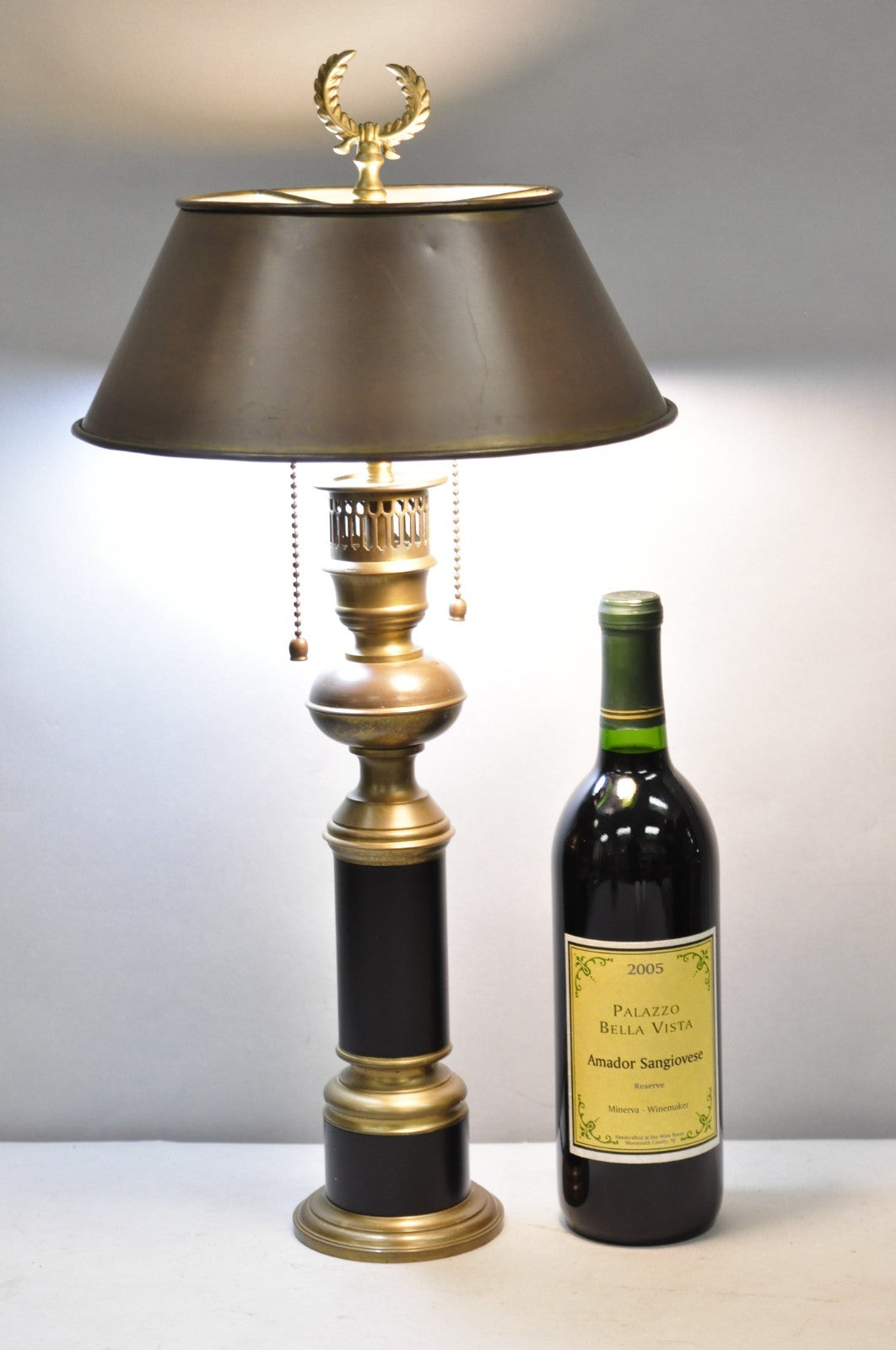 Vintage French Empire Burnished Brass Small Bouillotte Black Column Table Lamp