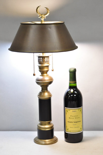 Vintage French Empire Burnished Brass Small Bouillotte Black Column Table Lamp