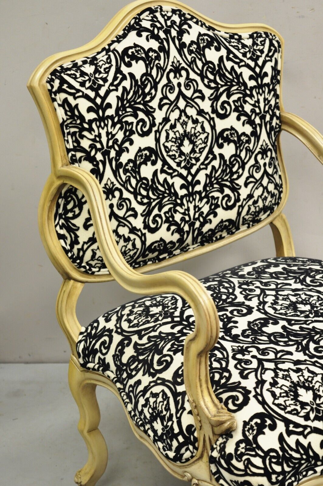 Hollywood Regency Carved Wood Low Cream Painted Damask Boudoir Chairs - a Pair