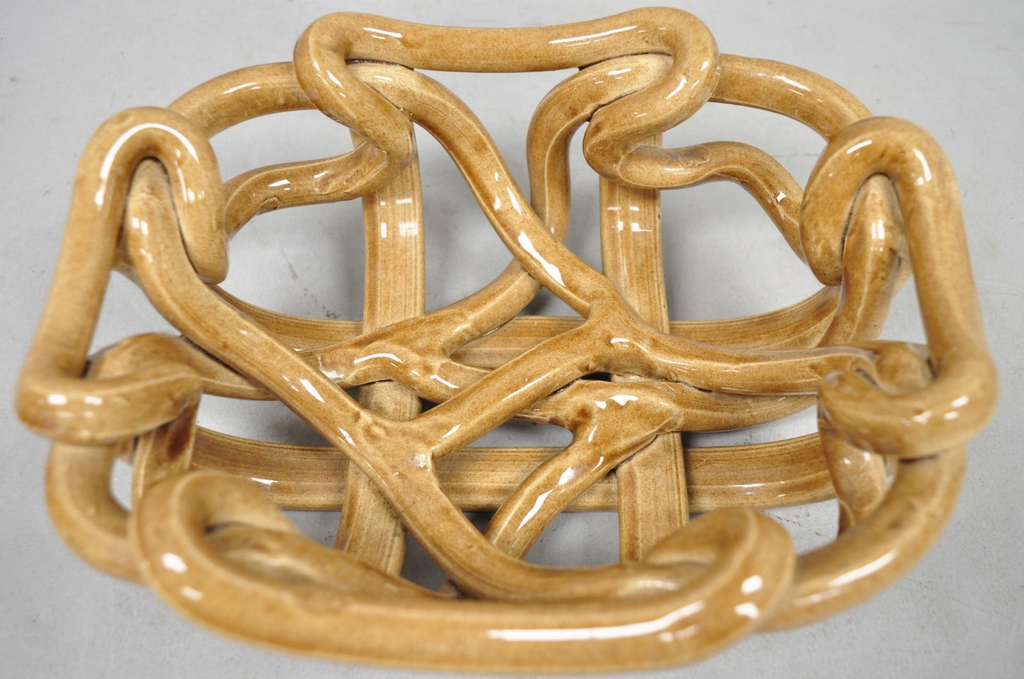 Vintage Modernist Brown Woven Pottery Clay Creations Ceramic Fruit Bowl Basket