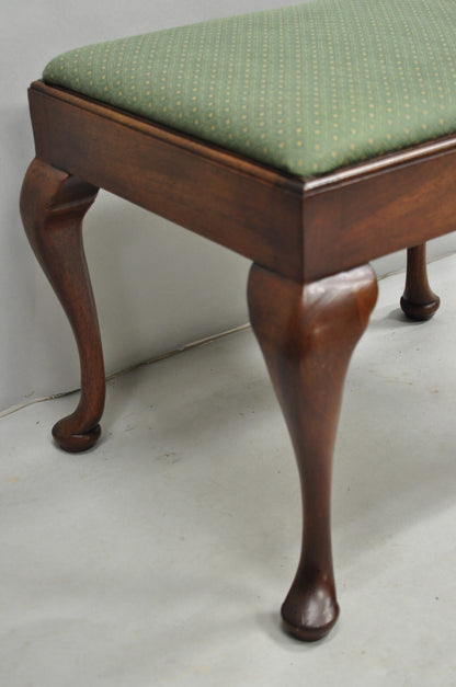 Vintage Queen Anne Style Mahogany Wood Green Upholstered Footstool Ottoman
