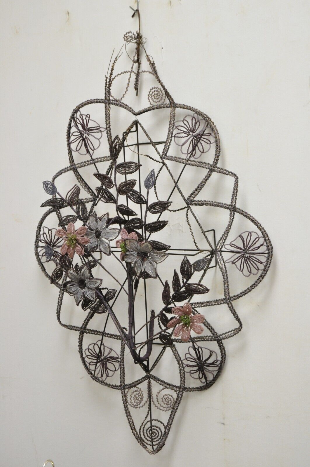 Antique French Victorian Purple Glass Beaded Memorial Wreath Wall Sculpture