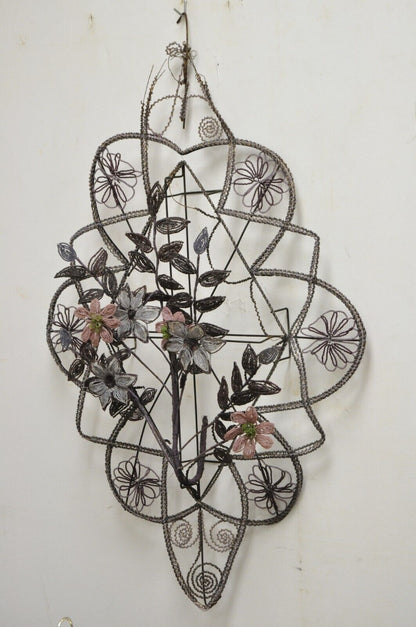 Antique French Victorian Purple Glass Beaded Memorial Wreath Wall Sculpture