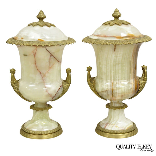 French Louis XVI Empire Style Onyx and Bronze Ormolu Large Lidded Urn - a Pair