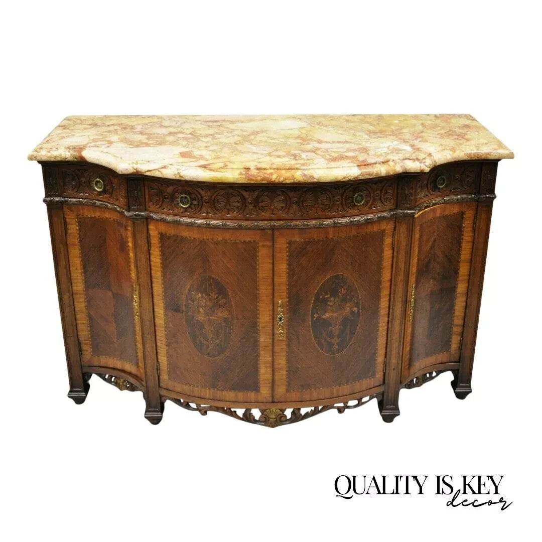 French Renaissance Louis XV Marble Top Marquetry Inlay Sideboard Buffet Commode
