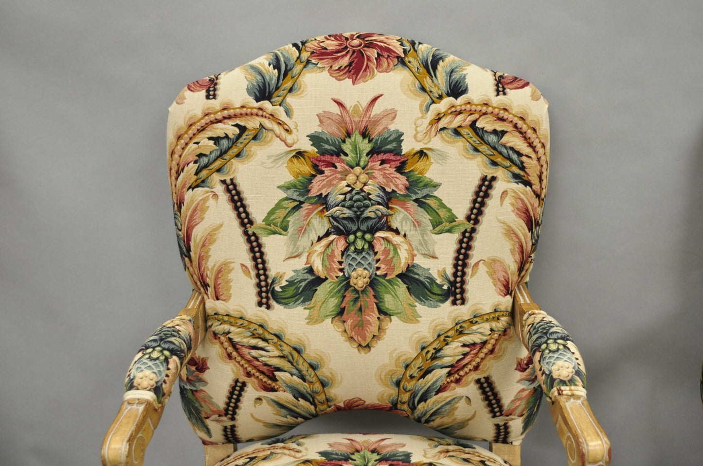 Vintage French Country Louis XV Style Carved Wood Lounge Arm Chairs - a Pair