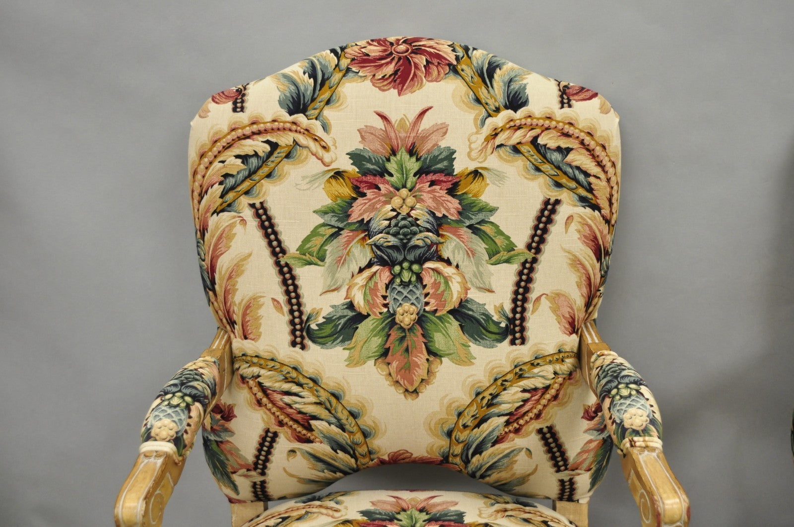 Vintage French Country Louis XV Style Carved Wood Lounge Arm Chairs - a Pair