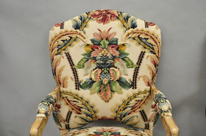 Vintage French Country Louis XV Style Carved Wood Lounge Arm Chairs - a Pair