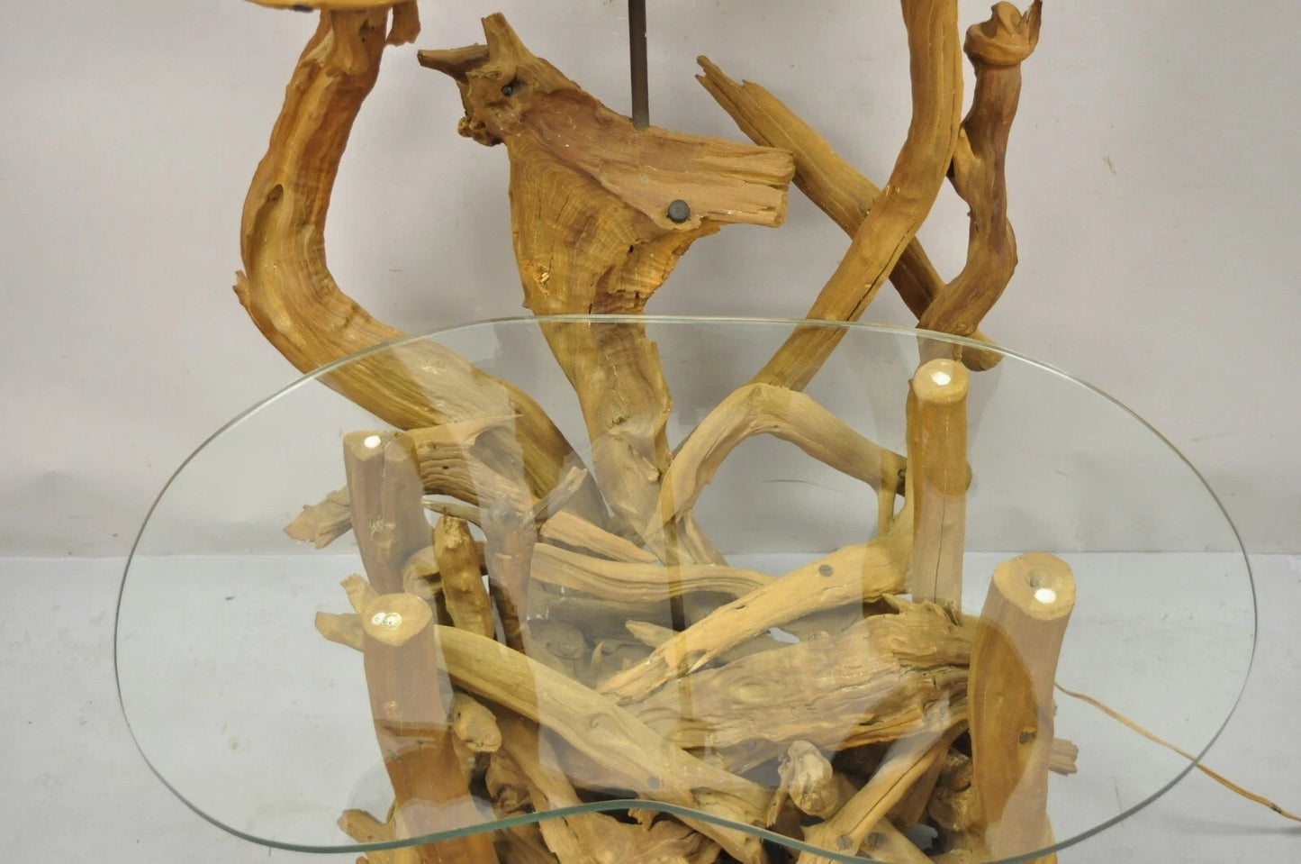 Vintage Mid Century Modern Large Driftwood Floor Lamp Kidney Glass Side Table