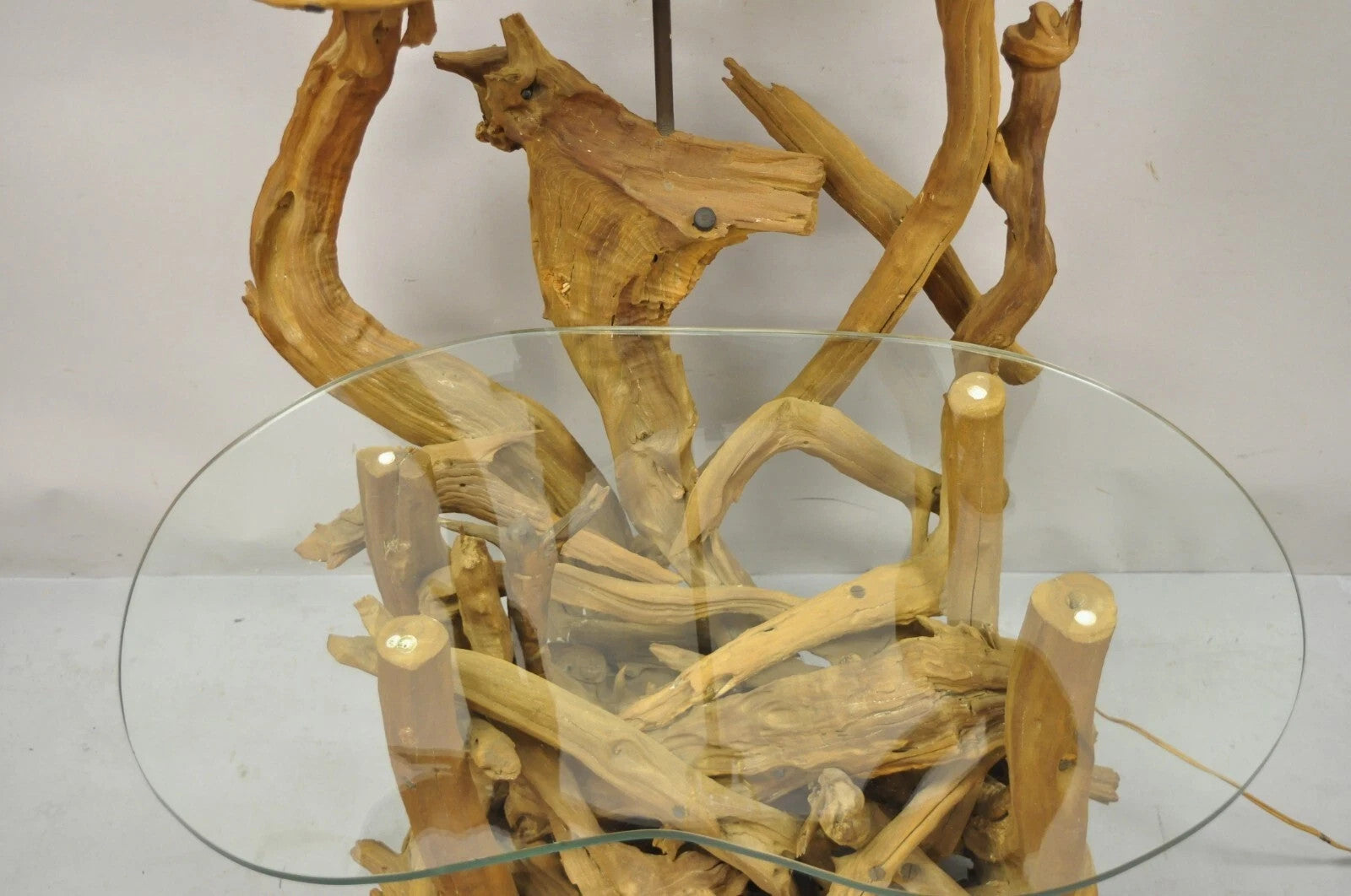 Vintage Mid Century Modern Large Driftwood Floor Lamp Kidney Glass Side Table