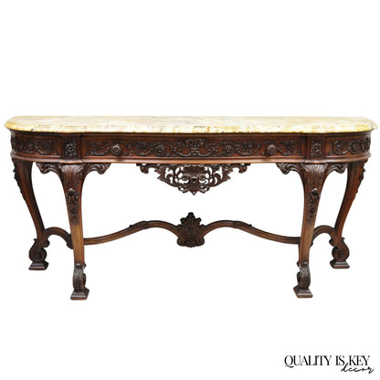 Antique French Baroque Rococo Carved Walnut Marble Top Sideboard Buffet w Drawer