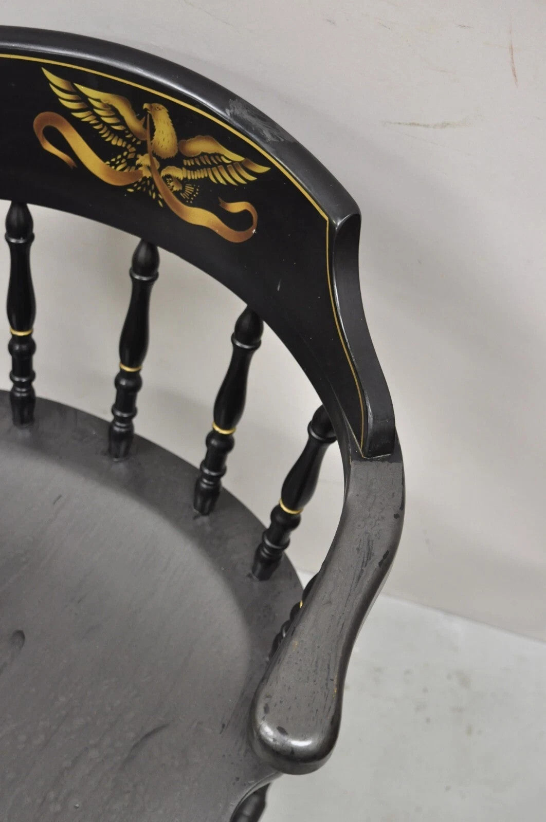 Vintage S. Bent & Bros Black Painted Eagle Colonial Pub Arm Chairs - a Pair