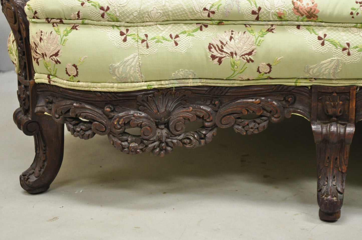 Antique Italian Renaissance Carved Walnut French Victorian Rams Head Green Sofa