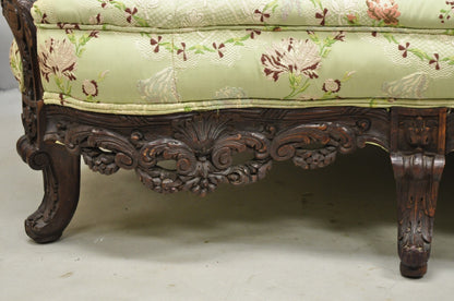 Antique Italian Renaissance Carved Walnut French Victorian Rams Head Green Sofa