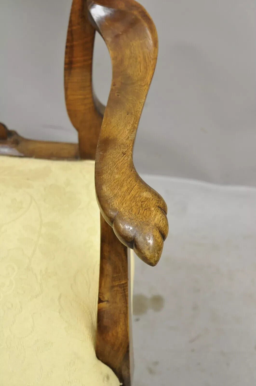 Antique 19th C English Queen Anne Carved Burr Walnut Splat Back Dining Arm Chair