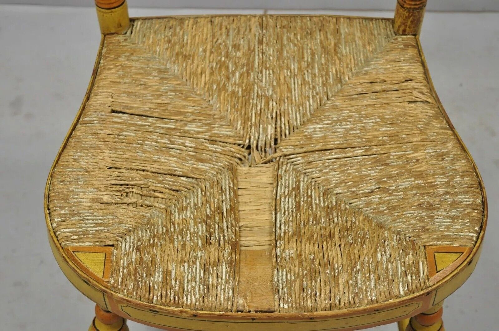 Antique Hitchcock Style Slat Back Rush Seat Yellow Paint Stencil Side Chair (A)