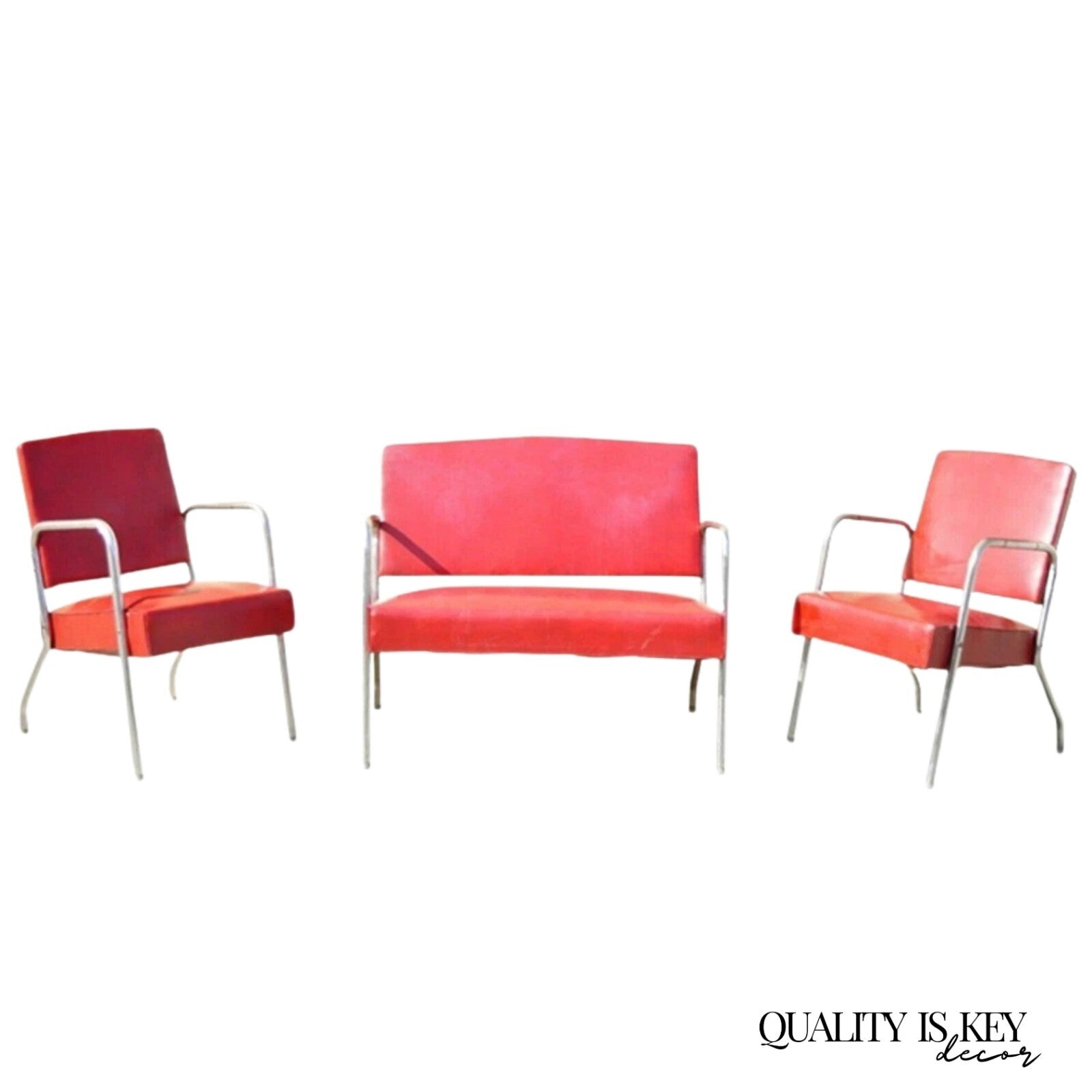Vintage Art Deco Steel Metal Red Loveseat & Pair Lounge Chairs - 3pc Set by Yale