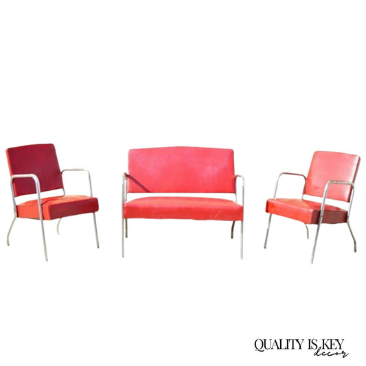 Vintage Art Deco Steel Metal Red Loveseat & Pair Lounge Chairs - 3pc Set by Yale