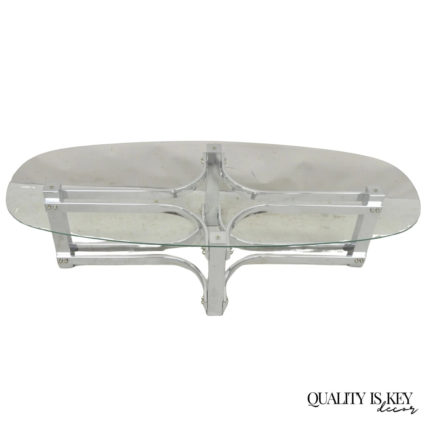 Vintage Mid Century Modern Oval Glass Top Sculptural Chrome Frame Coffee Table