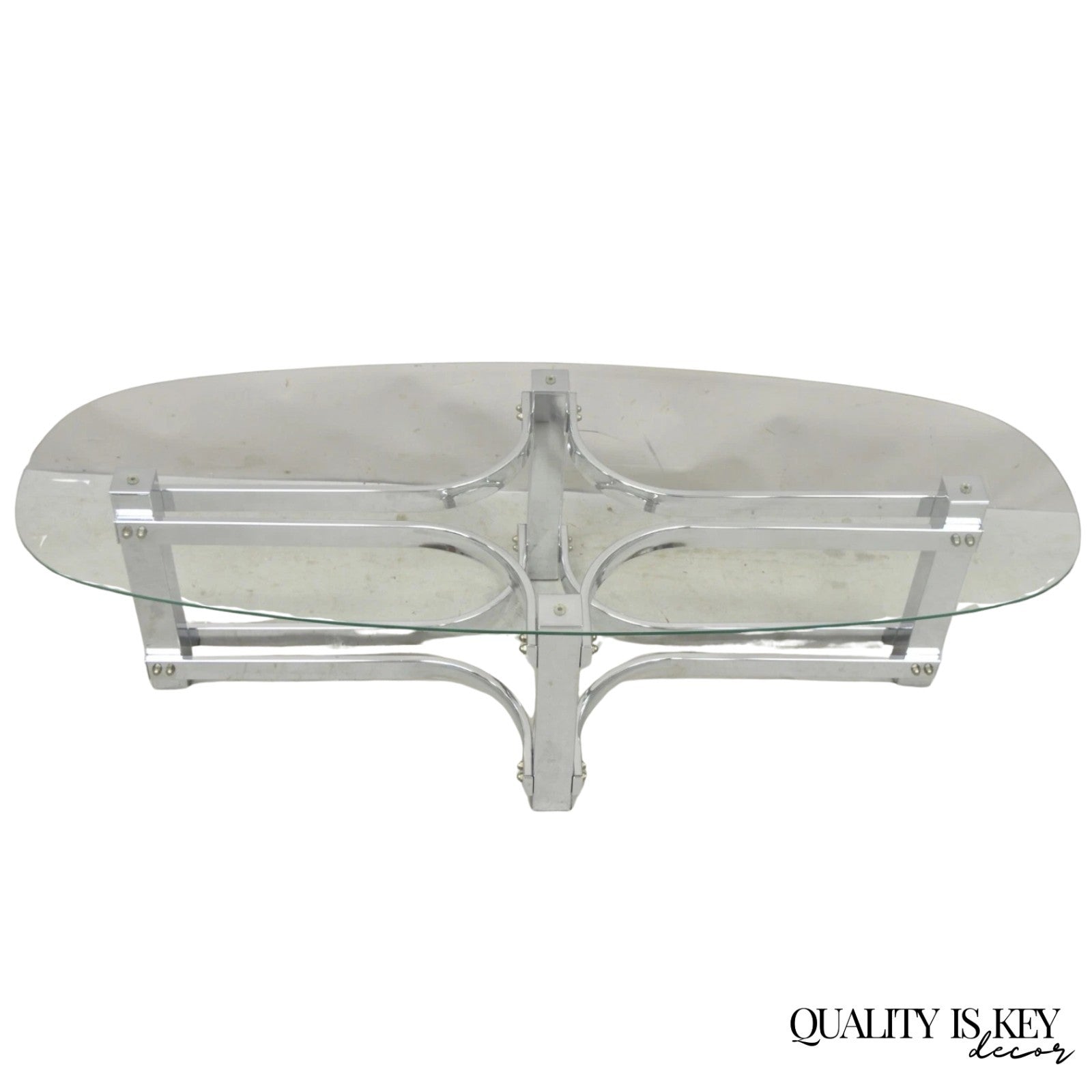 Vintage Mid Century Modern Oval Glass Top Sculptural Chrome Frame Coffee Table