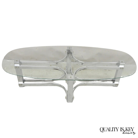 Vintage Mid Century Modern Oval Glass Top Sculptural Chrome Frame Coffee Table