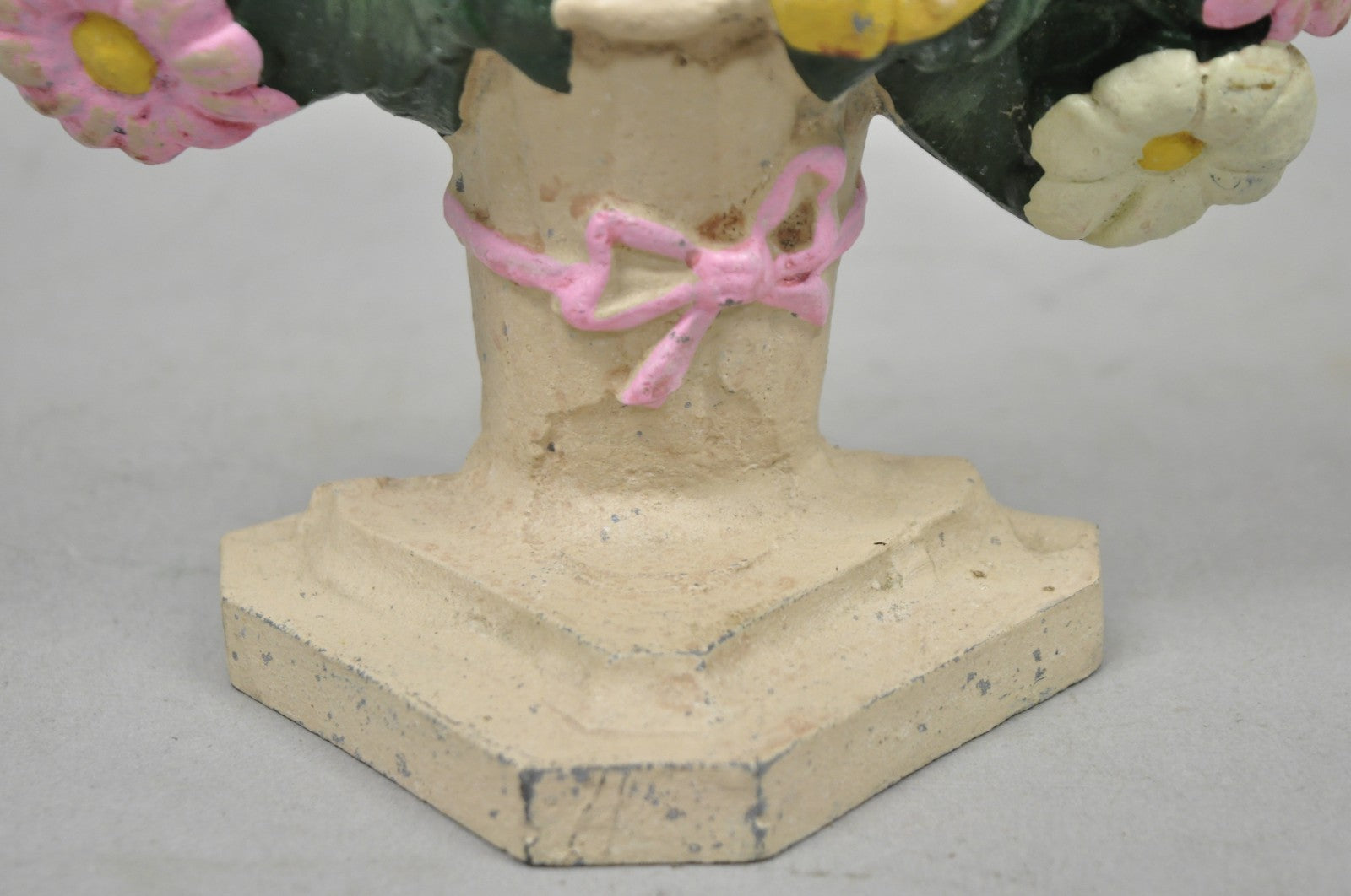 Antique Victorian Cast Iron Figural Floral Bouquet Basket Pink Painted Door Stop