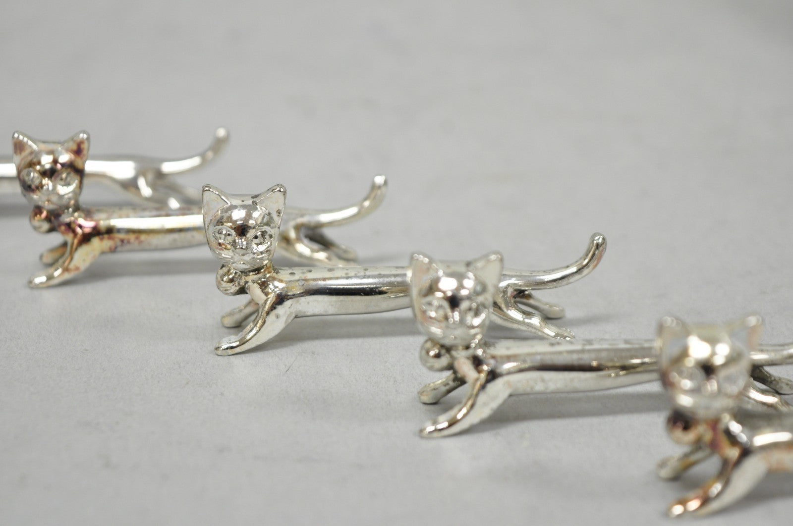 Vintage Art Deco Small Silver Plated Metal Figural Cat Knife Rests - Set of 5