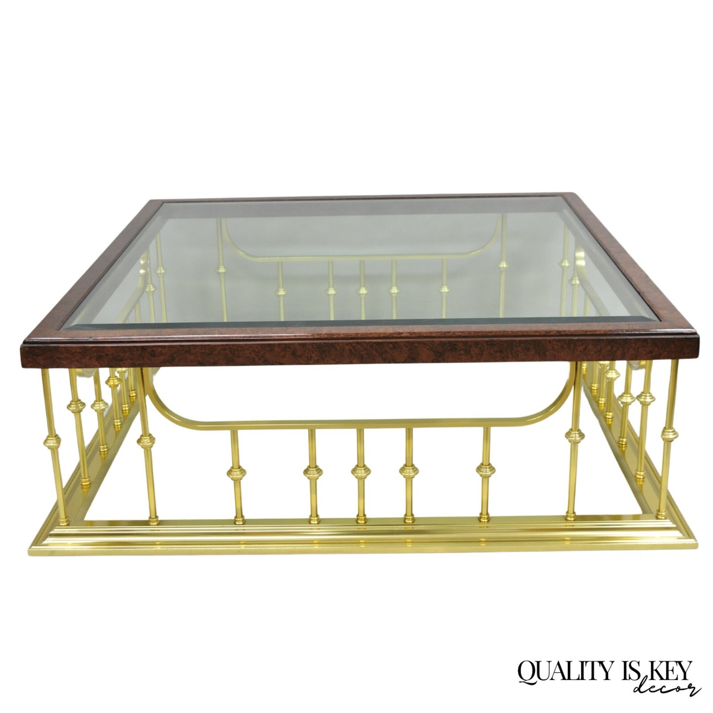 Vintage Erwin Lambeth Burl Walnut Brass Fireplace Fender 42" Square Coffee Table