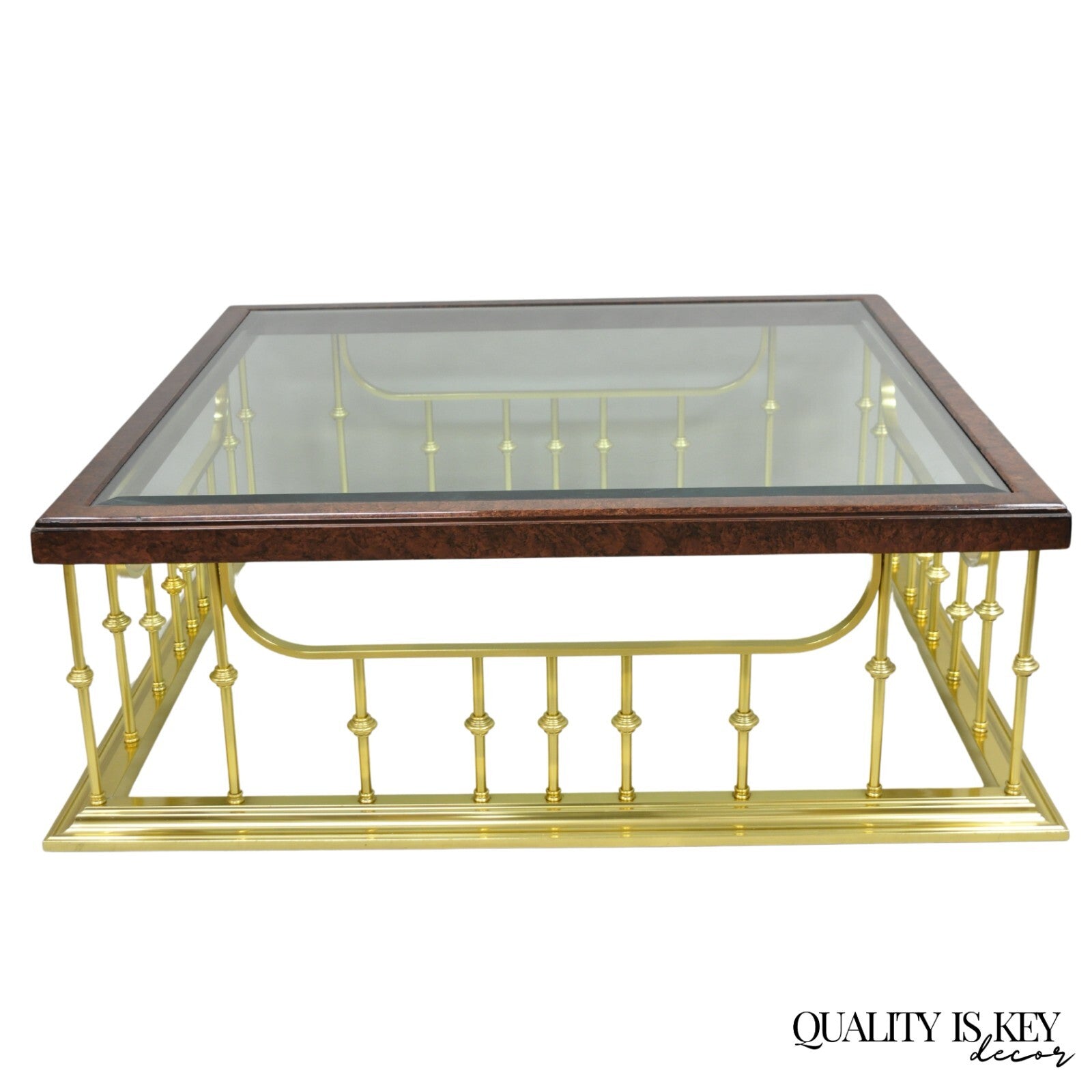 Vintage Erwin Lambeth Burl Walnut Brass Fireplace Fender 42" Square Coffee Table