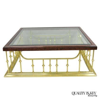 Vintage Erwin Lambeth Burl Walnut Brass Fireplace Fender 42" Square Coffee Table
