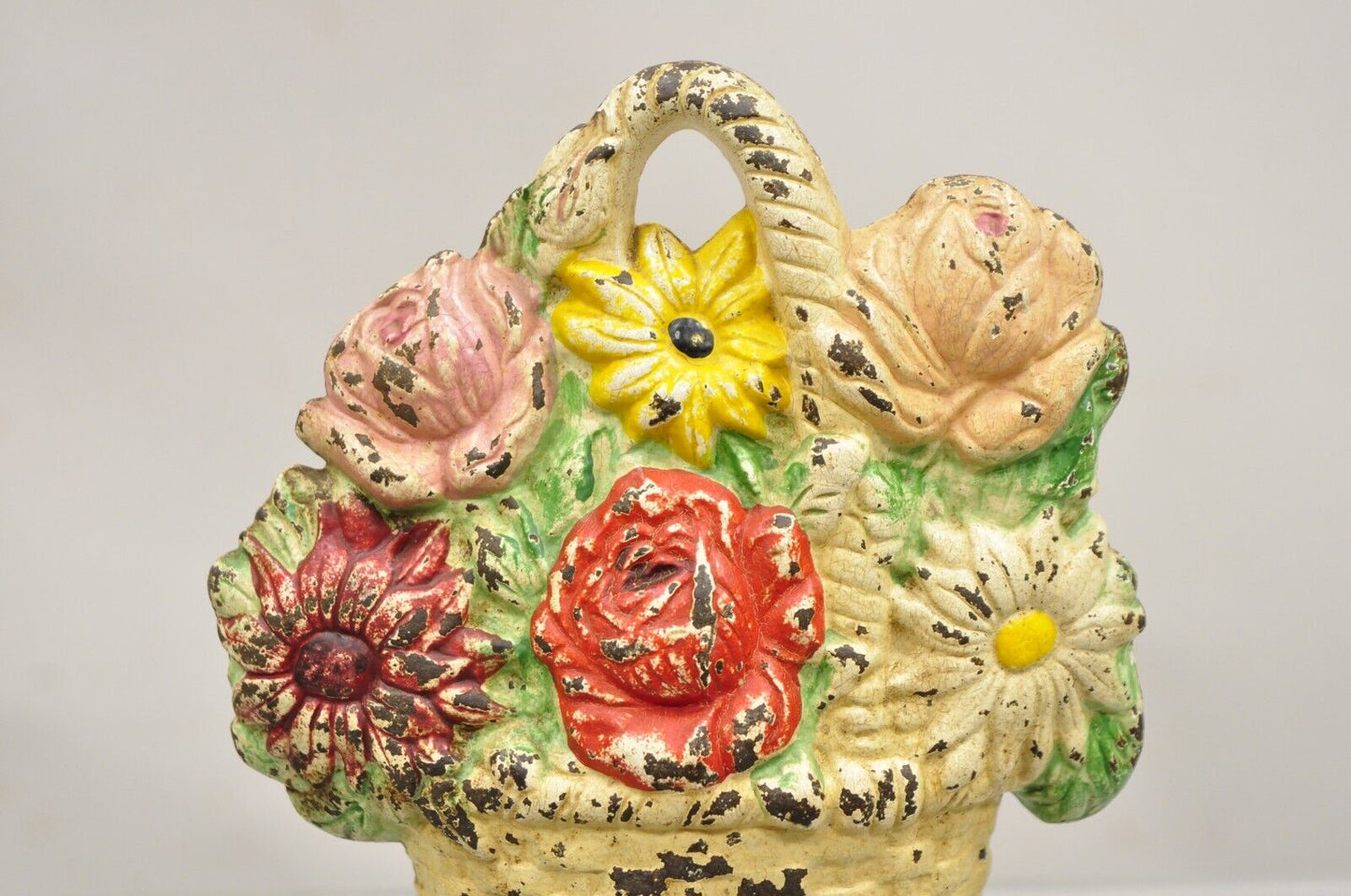 Antique Victorian Cast Iron Beige Floral Bouquet Round Basket Painted Door Stop
