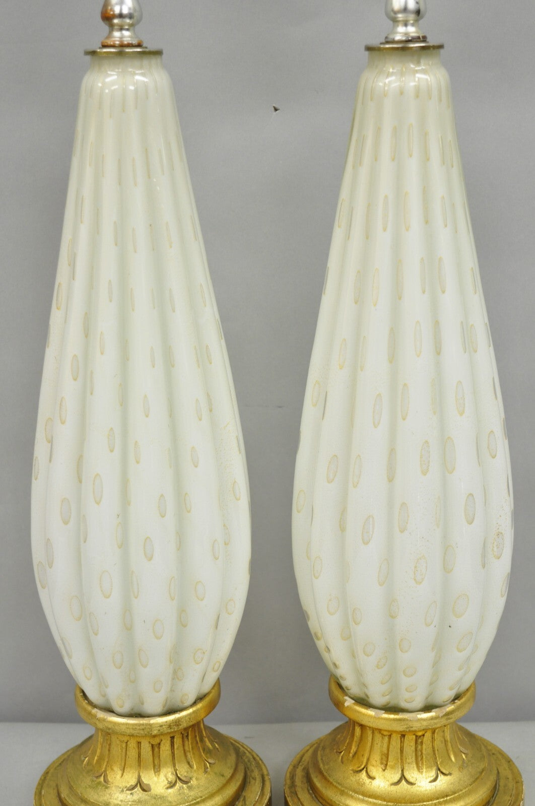 Vintage Mid Century Modern Italian Murano White Blown Glass Table Lamps - a Pair