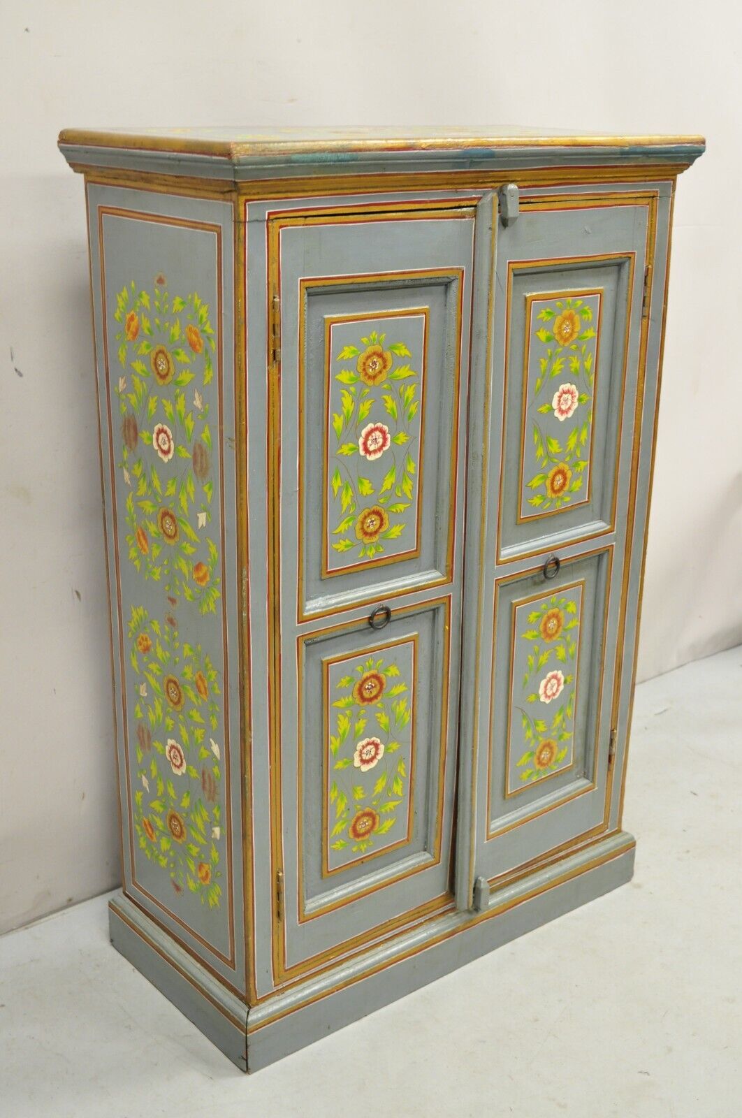 Vintage French Country Style Blue Painted Floral Wooden 2 Door Cupboard Cabinet