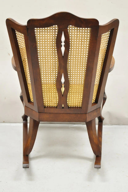 Antique Victorian Walnut and Cane Carved Rocker Rocking Chair w/ Queen Anne Legs