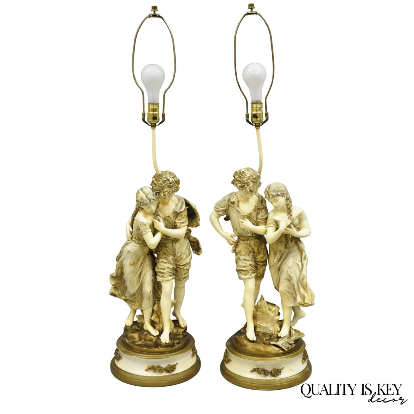 Antique L&F Moreau French Renaissance Large Figural Boy and Girl Table Lamp Pair