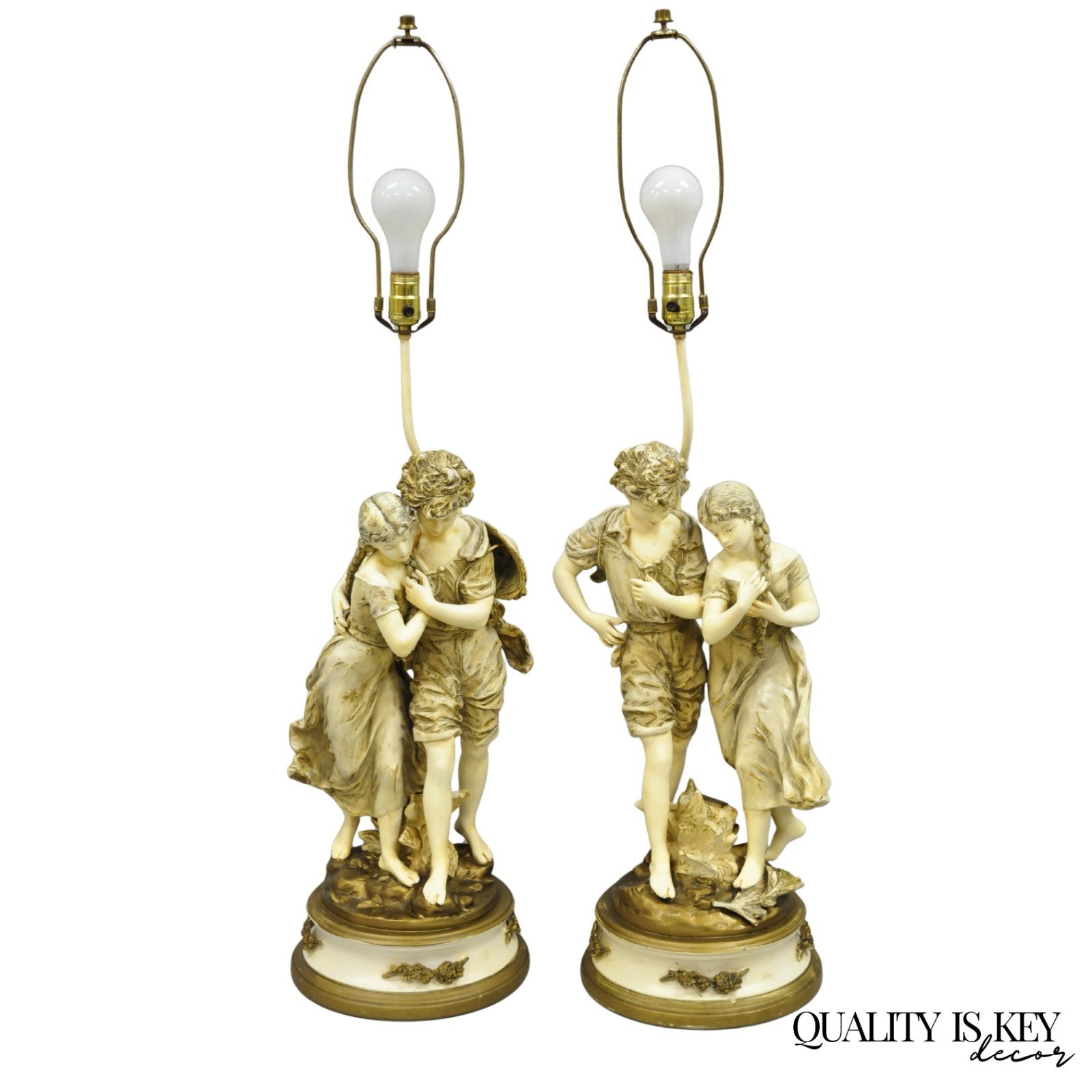 Antique L&F Moreau French Renaissance Large Figural Boy and Girl Table Lamp Pair