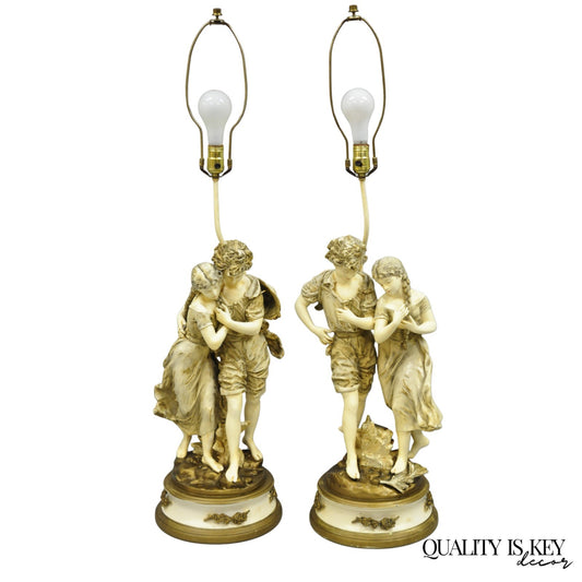 Antique L&F Moreau French Renaissance Large Figural Boy and Girl Table Lamp Pair