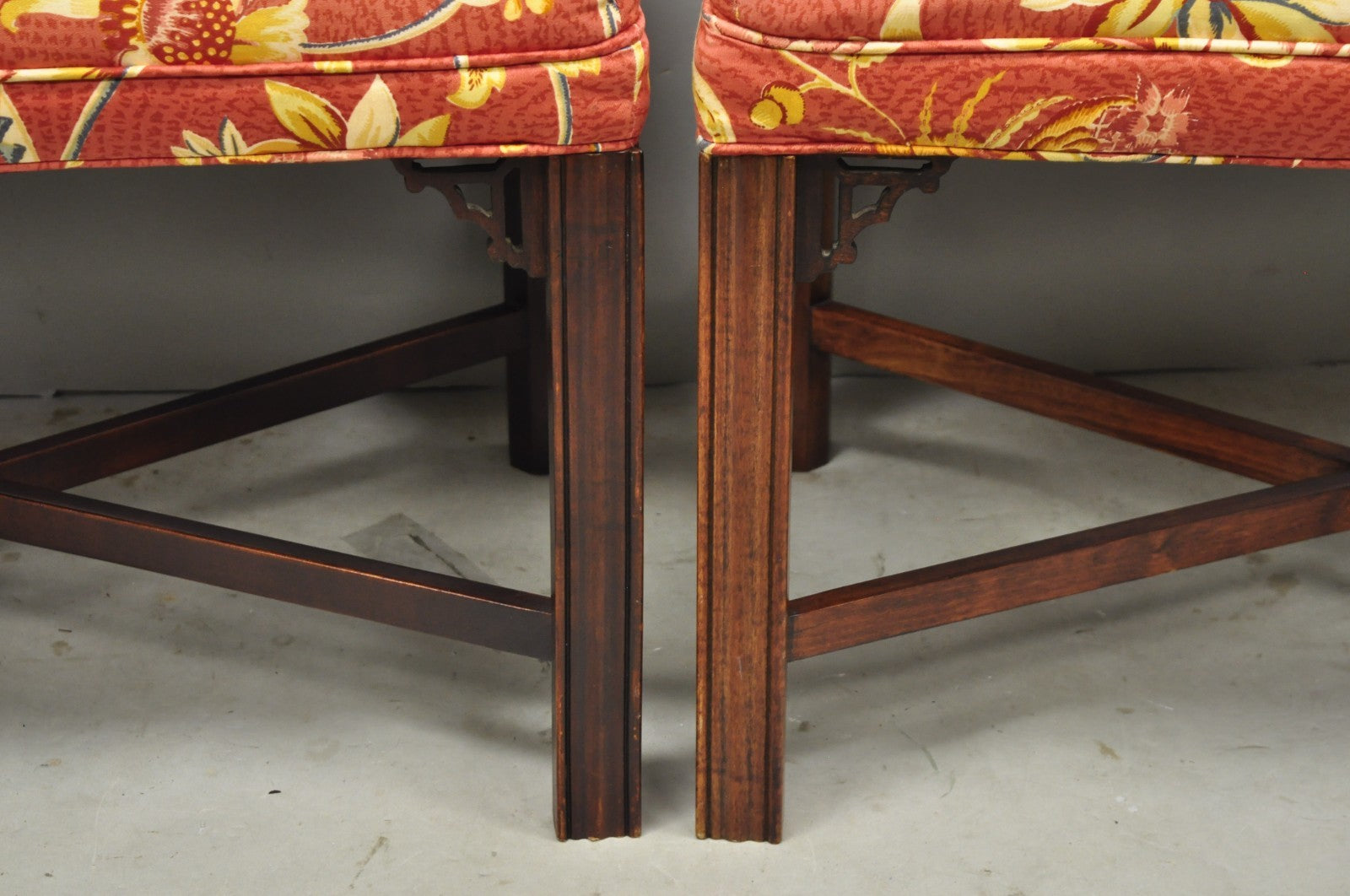 Vintage Chinese Chippendale Style Carved Mahogany Fretwork Bench Stool - Pair