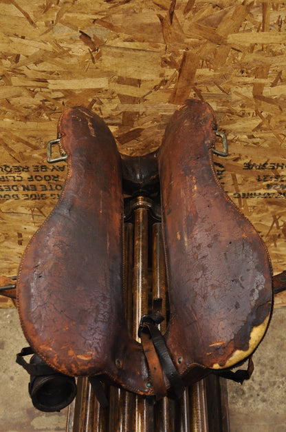 Antique McClellan Brown Leather 12 inch WWI Calvary Horse Saddle, Circa 1900