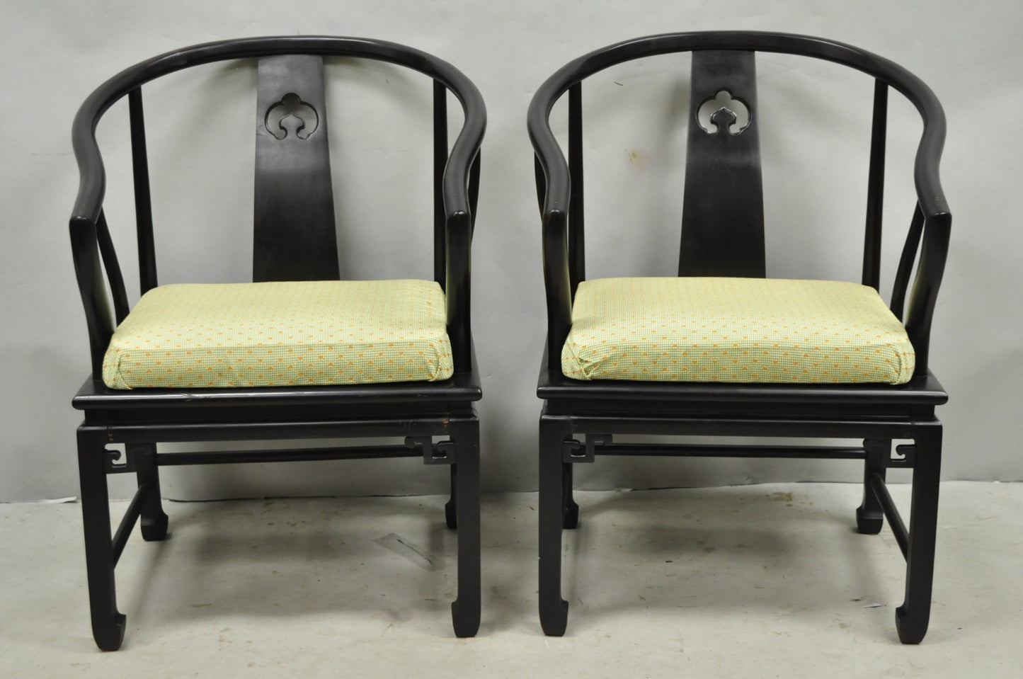Vintage Oriental Ming Style Ebonized Horseshoe Lounge Chairs by Century (B) Pair