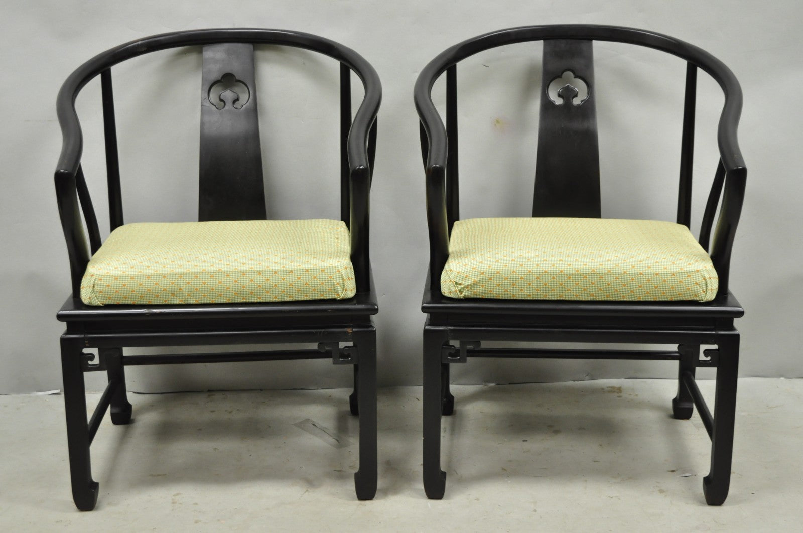 Vintage Oriental Ming Style Ebonized Horseshoe Lounge Chairs by Century (B) Pair