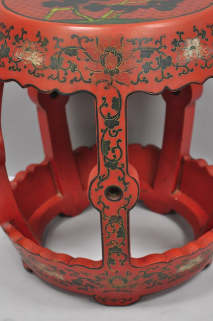 Vintage Chinoiserie Red Lacquer Plant Stand Garden Stool Drum Side Table (B)