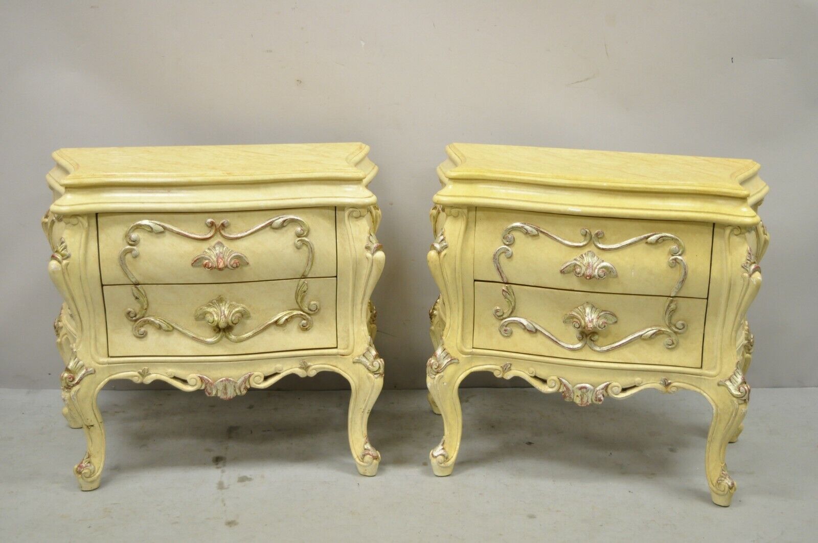 Italian Rococo Cream Lacquer 2 Drawer Nightstands Bombe Bedside Commode - a Pair